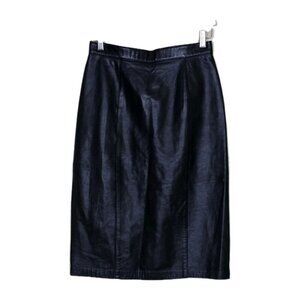 Liz Harbosin Black Leather Skirt 12 VTG Midi Lined Back Zip Slit Canada Bossy